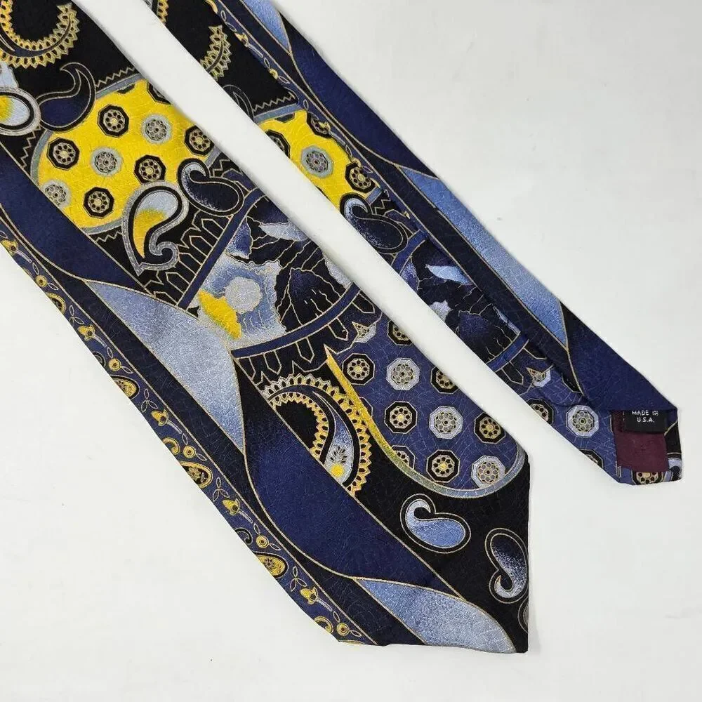 POWER LINE ELECTRIC NECKWEAR SILK TIE BLUE YELLOW PAISLEY VIBRANT SATIN 3.75